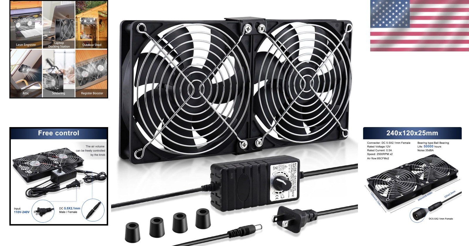 Dual Ball 240mm Computer Fan | AC Plug Cabinet Fan 110V 240V