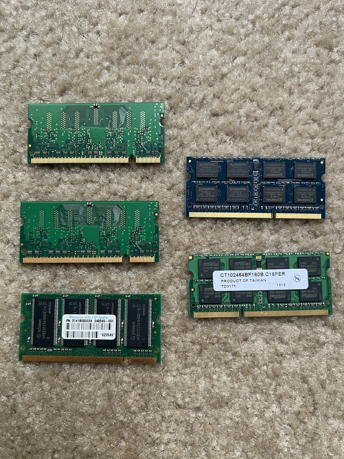Laptop RAM Memory Lot Of 5, Crucial 8GB DDR3, Kingston, Hynix 256MB, Infineon
