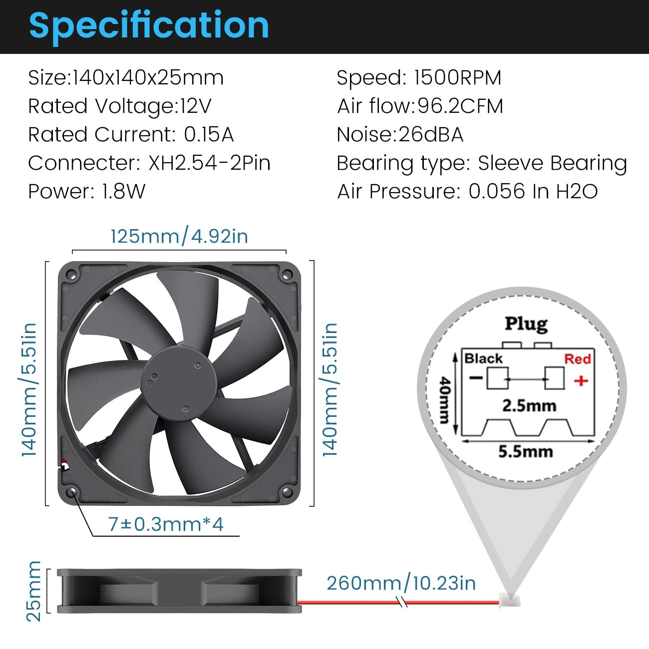 140mm Case Fan 12V DC Brushless High Performance Cooling Fan 140x25mm