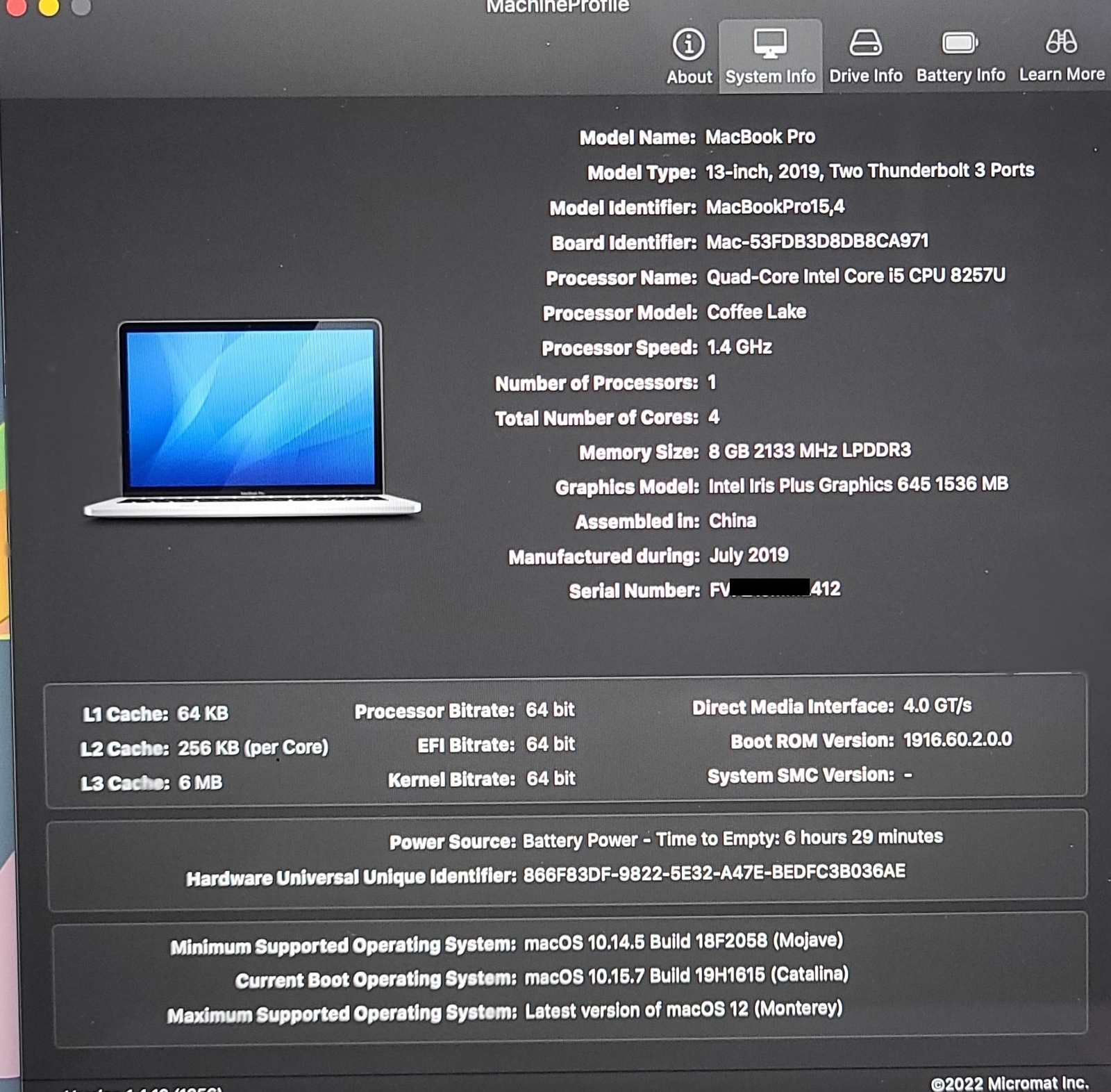 MacBook PRO A2159 2019 Logic Board 1.4GHz i5 8GB 256GB 820-01598-A + Touch ID