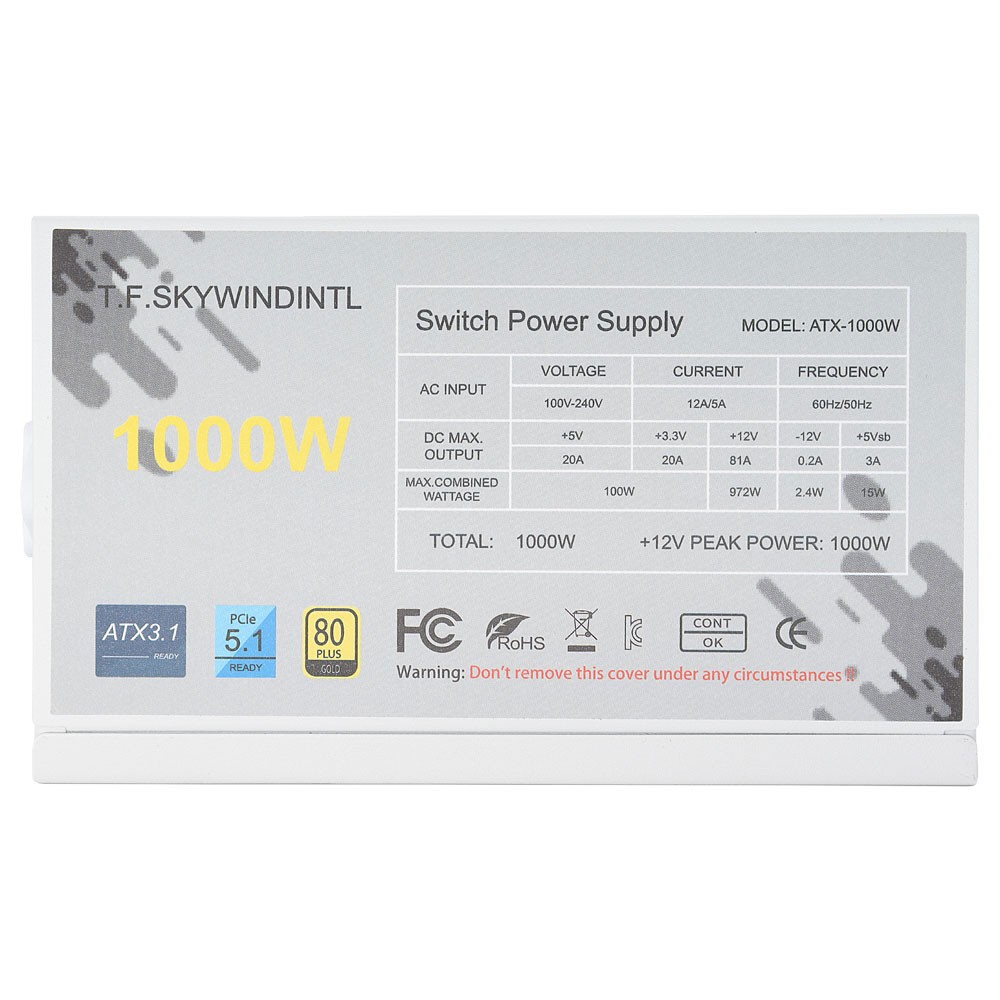 1000W Power Supply 80 Plus Gold, ATX 3.1 PSU Zero Smart Fan, for PCIe 5.1 GPUs