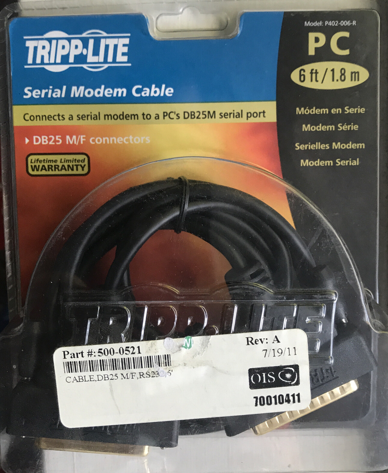 Tripp-Lite P402-006-R Serial Modem Cable 6ft DB25 M/F Connectors