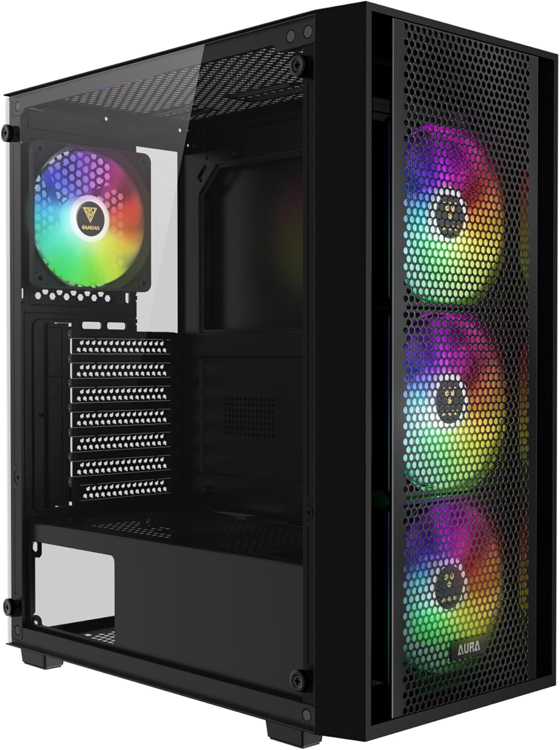 GAMDIAS ATX Mid Tower Computer PC Case with Tempered Glass, 4X 120Mm ARGB PWM Fa
