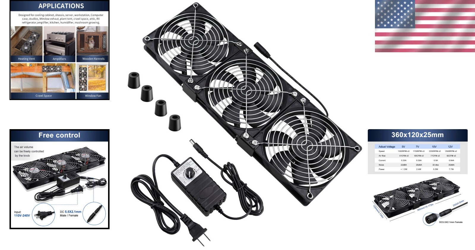 Versatile 3x120mm Cooling Fans with Variable Speed Control for DIY Projects