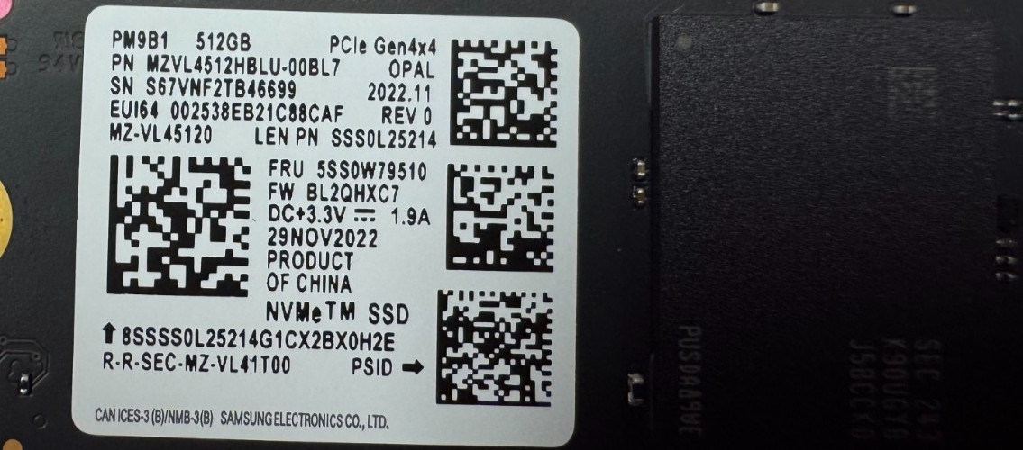 Samsung Lenovo SSD PM9B1 512GB PCle Gen 4×4 MZVL4512HBLU-00BL7 SSS0L25214