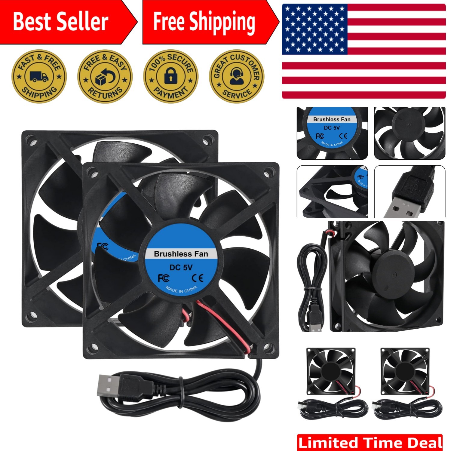 2PCS 80mm Brushless DC 5V USB Cooling Fans – Low Noise & High Performance