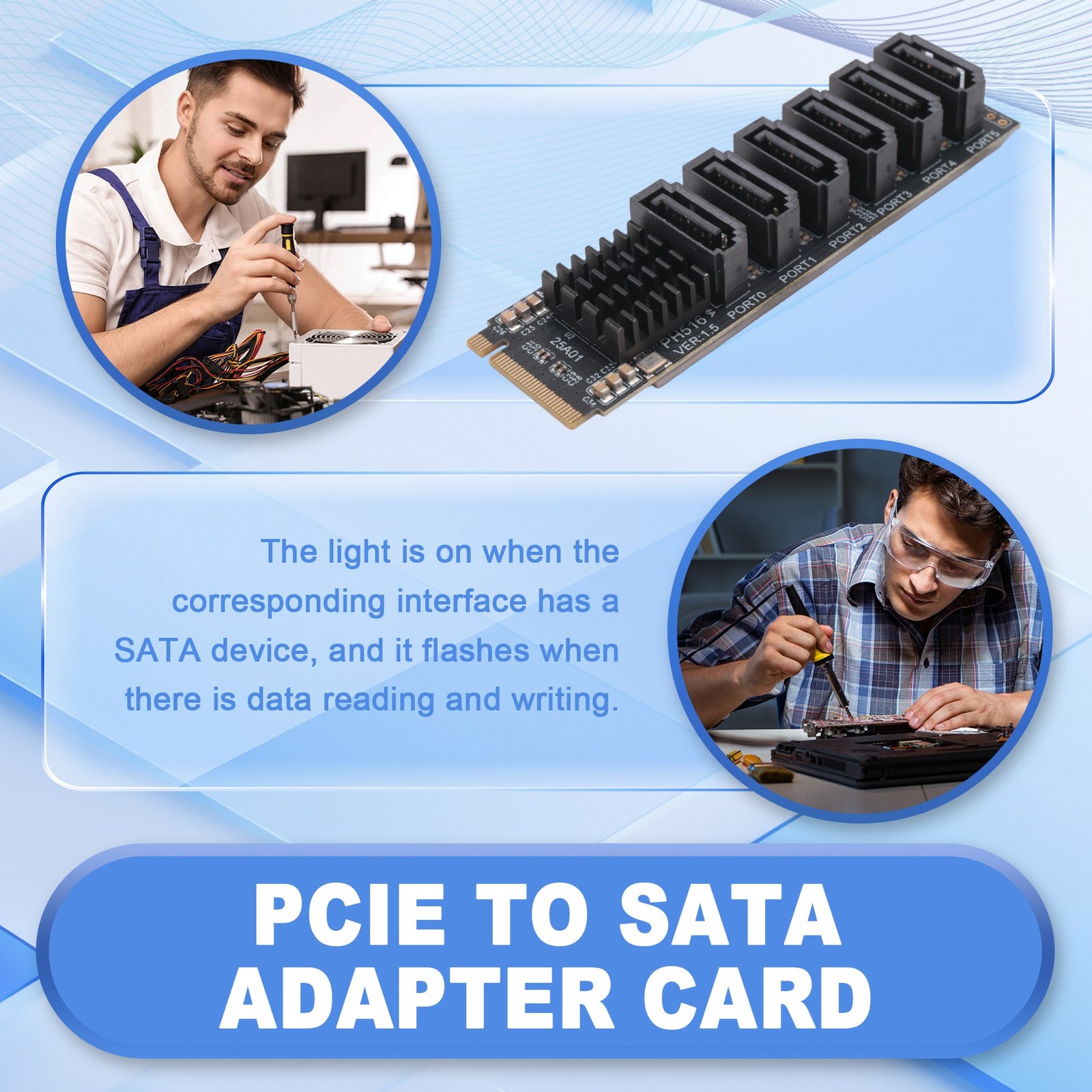 M.2 MKEY PCI-E Riser Card M.2 NVME To SATA3.0 PCIE To 6Gpbsx6-Port7901