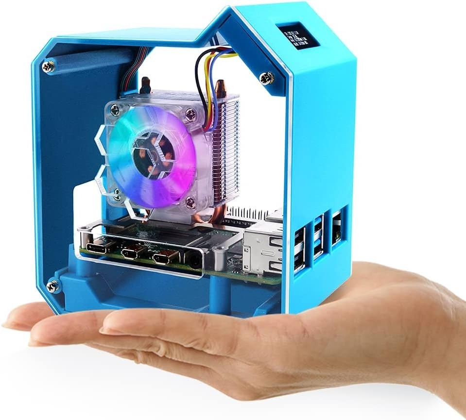 52Pi Mini Tower Kit for Raspberry Pi 4B, ABS Acrylic Case, OLED Display Fan Blue
