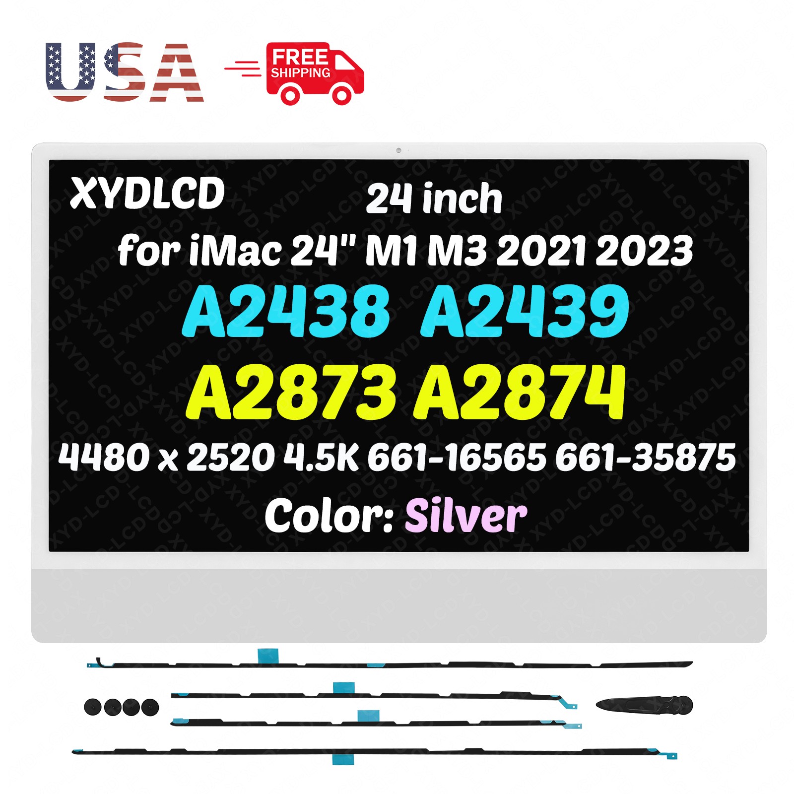 for iMac 24″ A2439 EMC 3664 661-35875 LCD Screen Display w/Adhesive 4.5K Silver