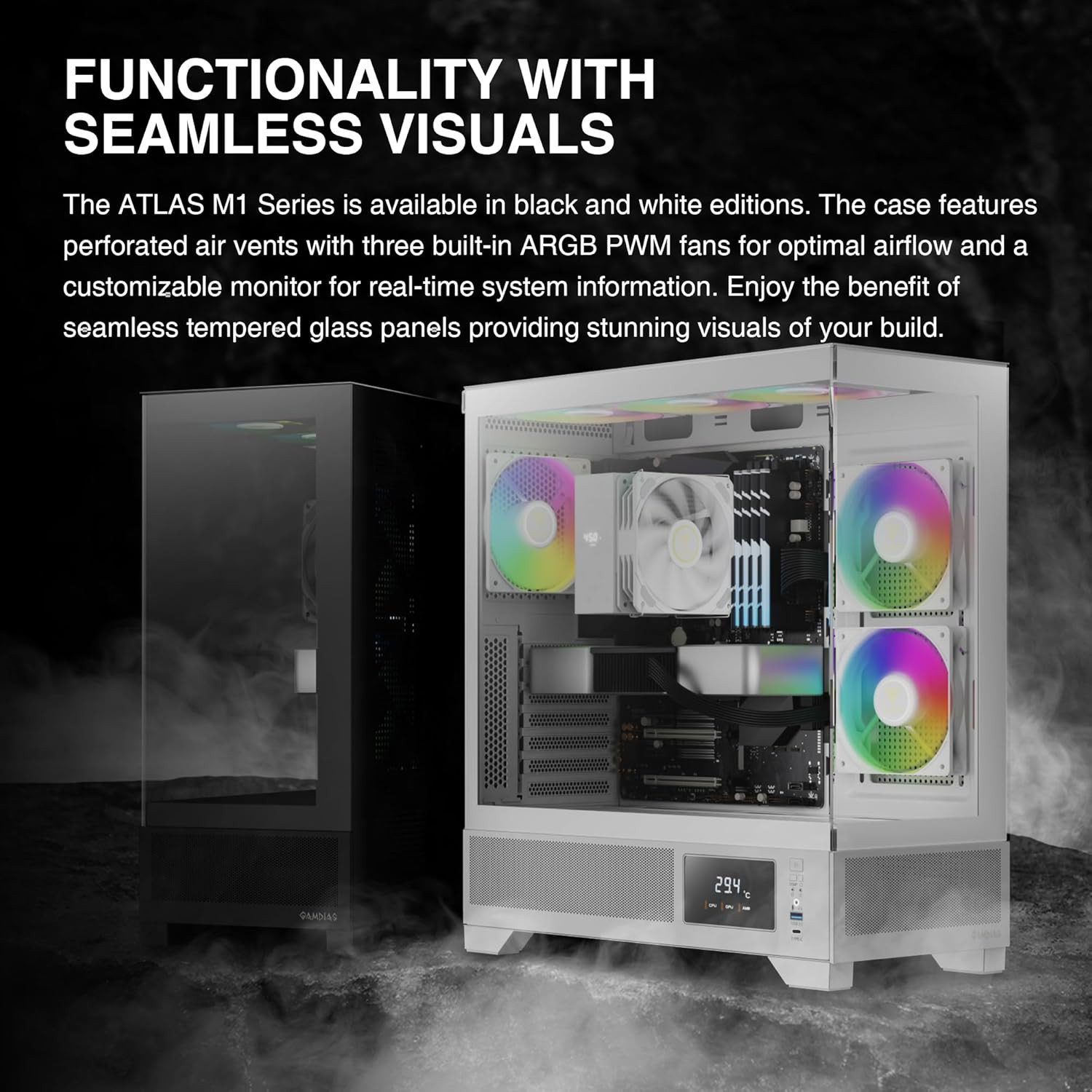 White Mid Tower Gaming Computer Case W/Display& App, ATX Tempered Glass PC Case,