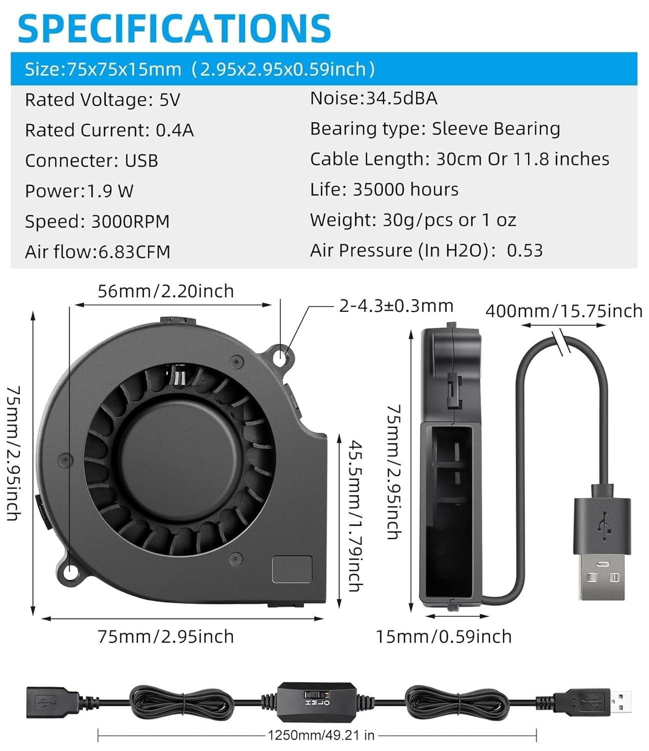 Silent 5V Mini Blower Fan – 75mm USB Cooling Solution for Helmets & Electronics