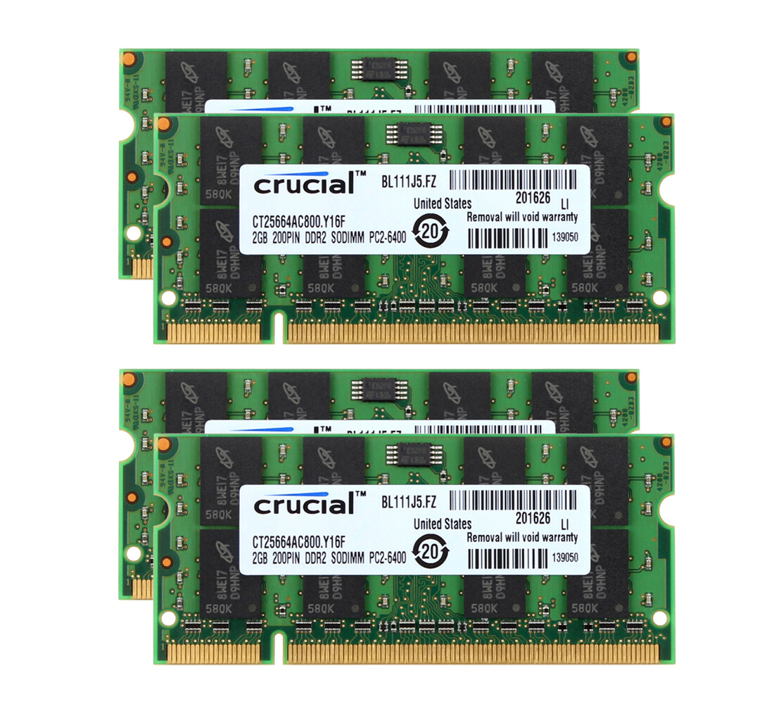 Crucial 8GB 4X 2GB DDR2 800Mhz PC2-6400 200pin SODIMM Laptop Memory NoteBook RAM