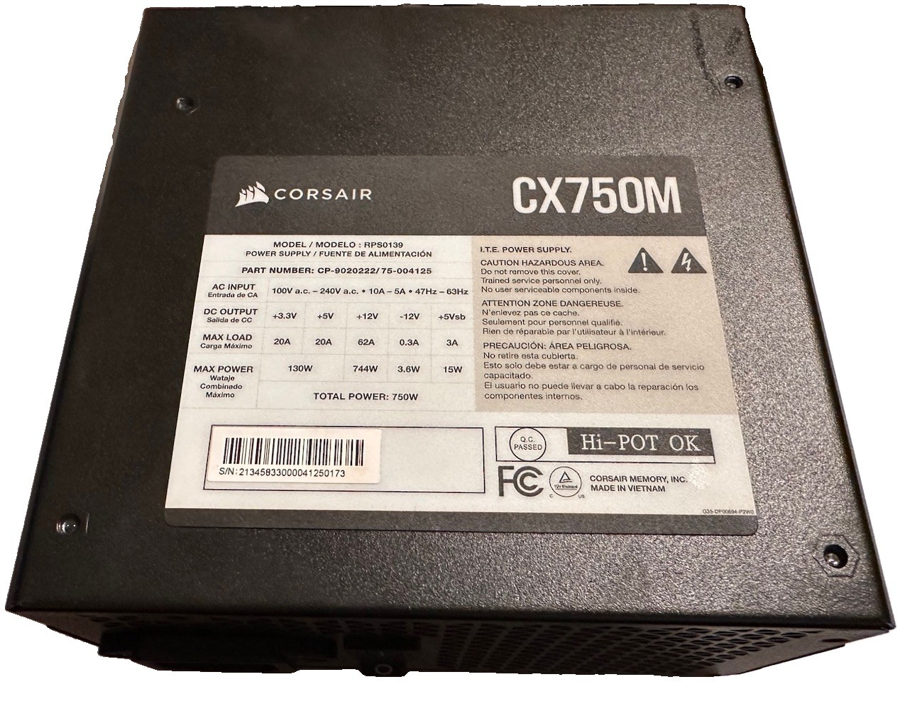 Corsair CX750M 750W Semi-Modular ATX Power Supply CX-M Series — Tested & Working