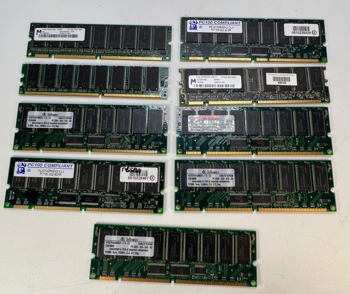 Lot of 9 Vintage SDRAM Memory Modules Mixed Brands PC100 PC133 ECC