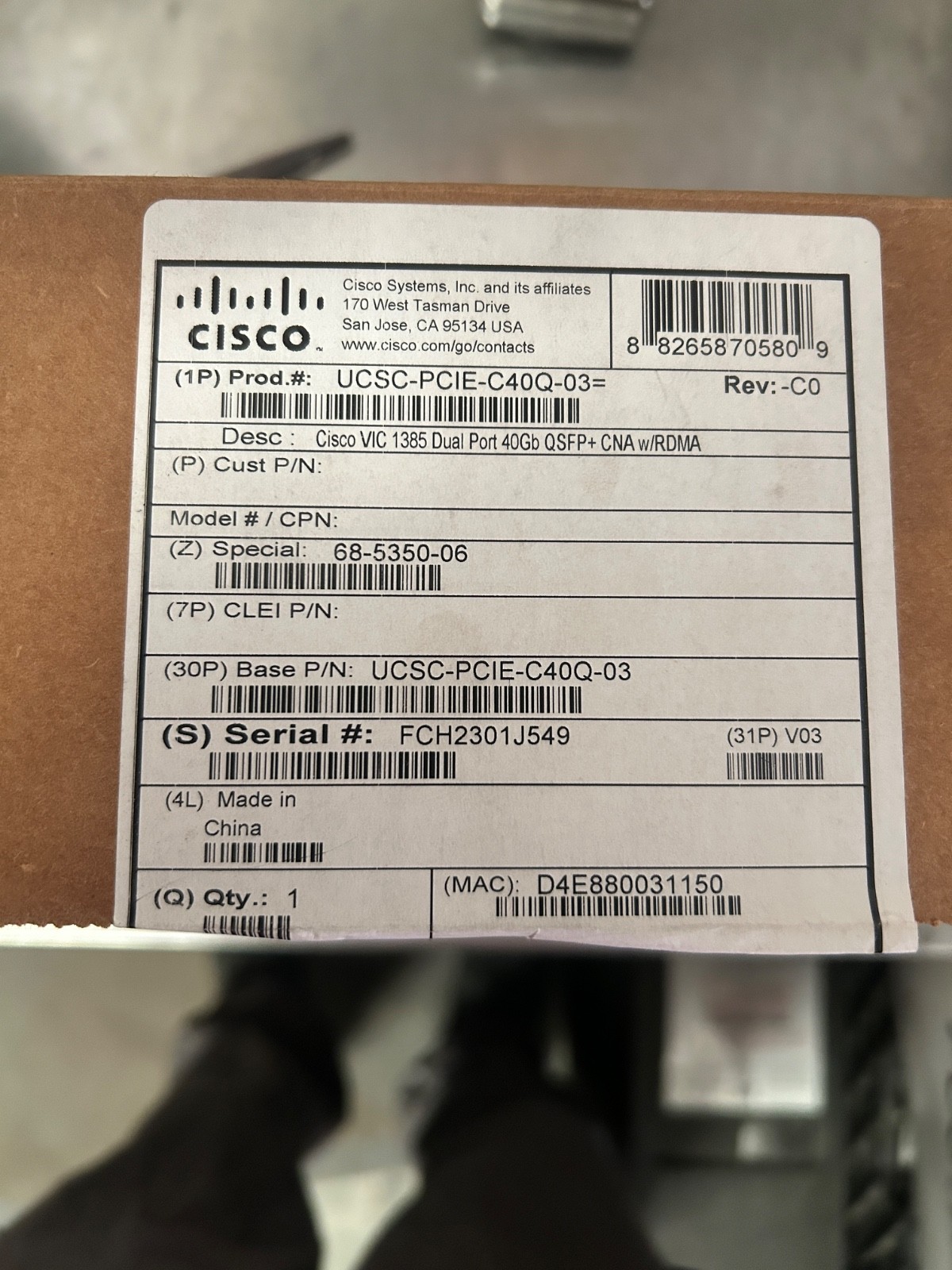 ** UCSC-PCIE-C40Q-03 Cisco Dual-Port 40Gbps Interface Network Adapter**