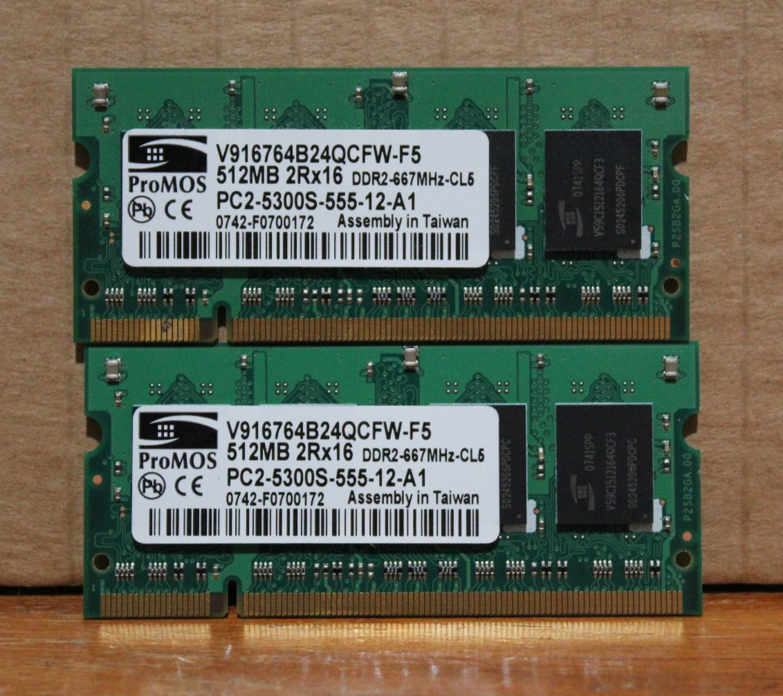 (Lot of 2) Genuine ProMOS V916764B24QCFW-F5 512MB SoDimm 200 Pin PC2-5300 CL5