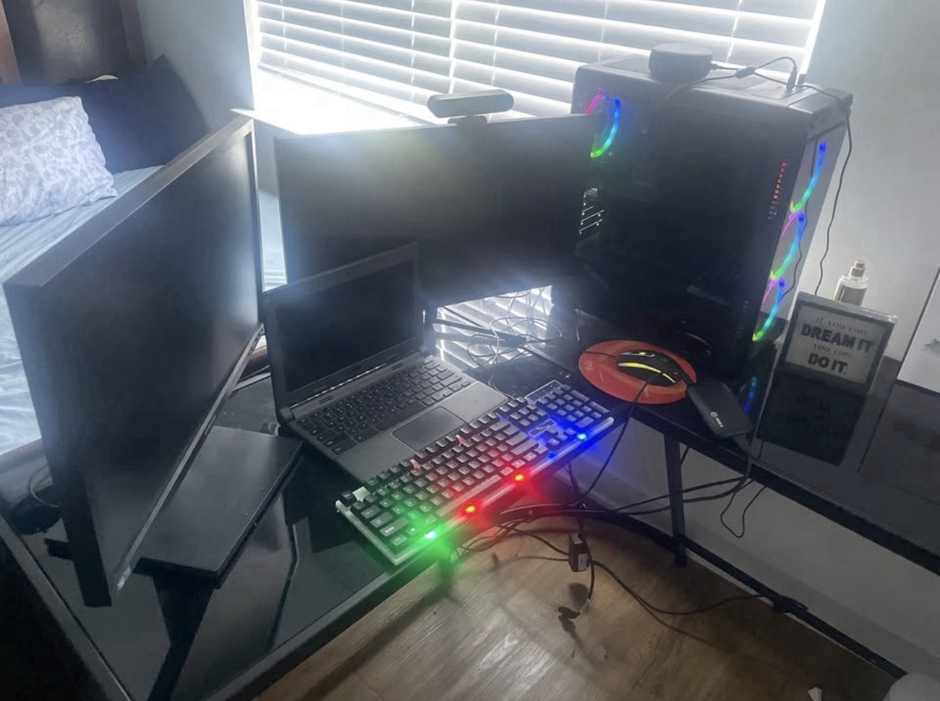 Black RGB Lighting PC Computer Case for Desktop PC Build with Samsung monitors