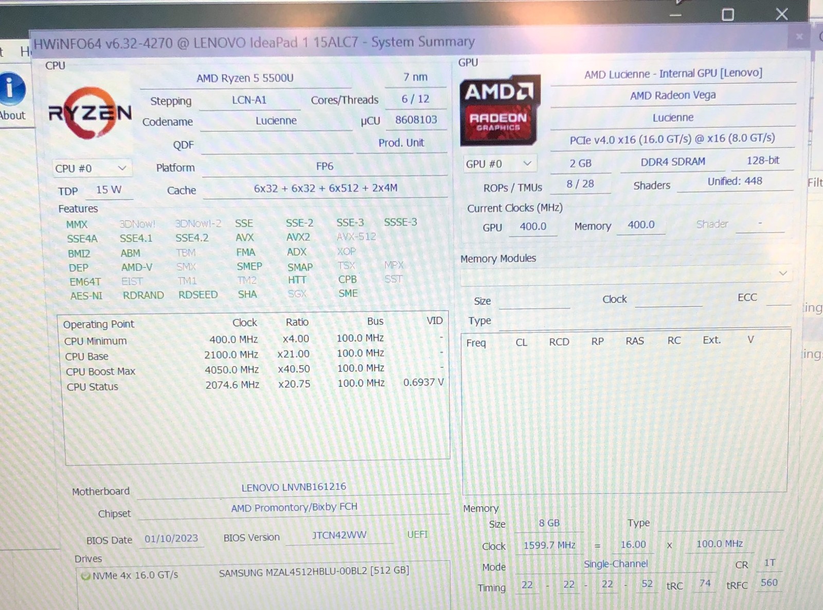 Lenovo IdeaPad 1 15ALC7 Motherboard AMD Ryzen 5 5500U 8GB 5B21F54109 NM-E541