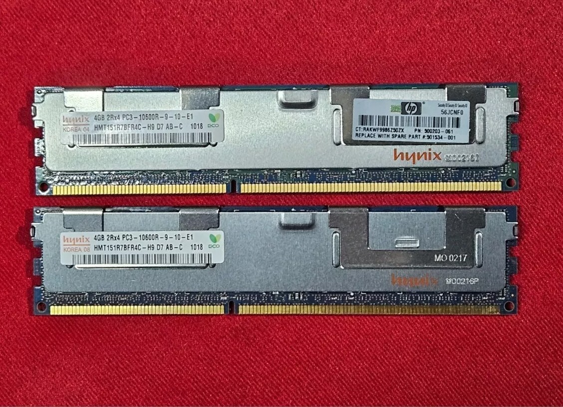 2X Hynix 4GB 2Rx4 PC3-10600R DDR3 1333MHz RAM 1x4G HMT151R7BFR4C-H9- Lot of 2