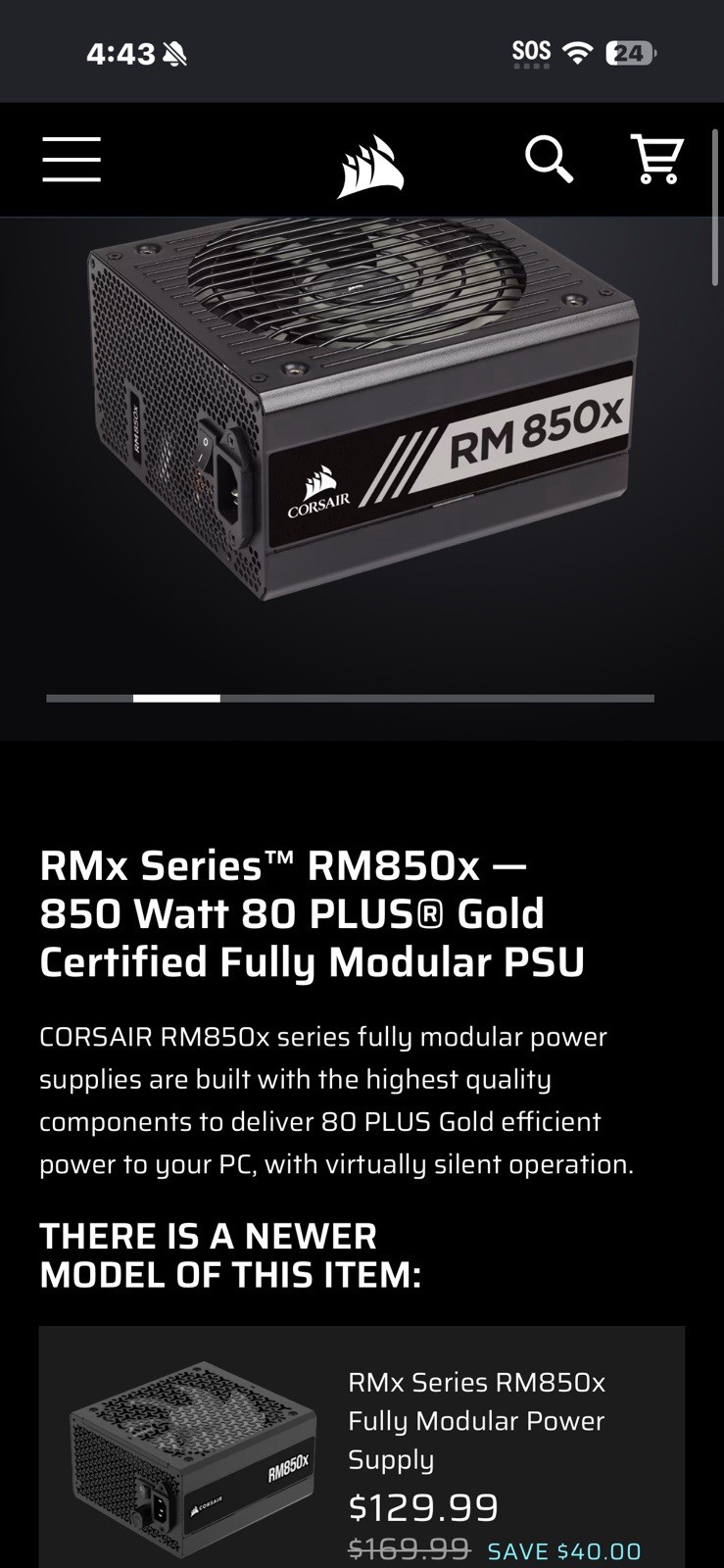 RMx Series™ RM850x — 850 Watt 80 PLUS® Gold Certified Fully Modular PSU