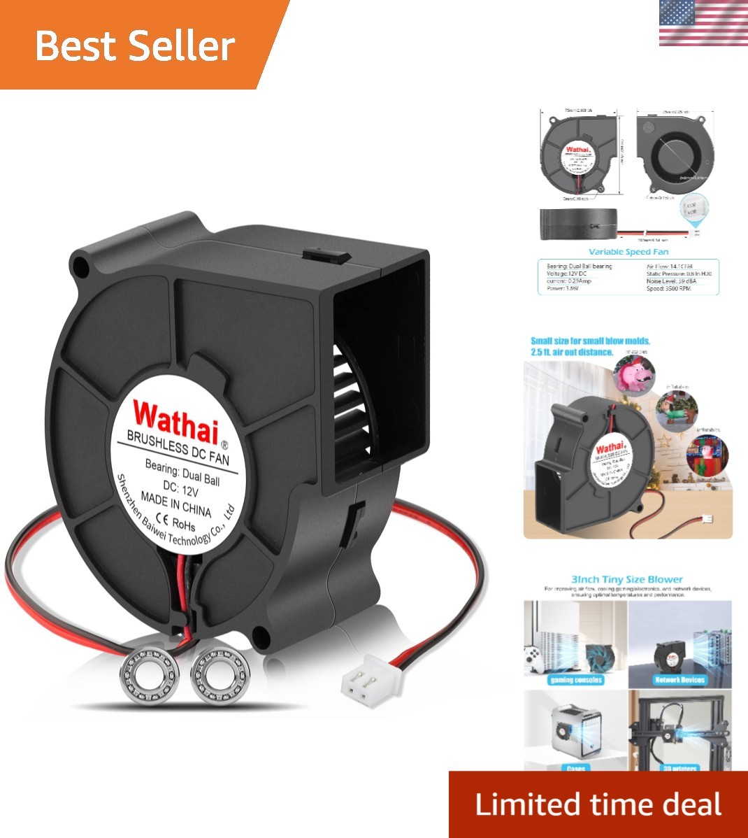 Versatile 75mm 12V Dual Ball Cooling Fan for Amplifiers & RV Fridges