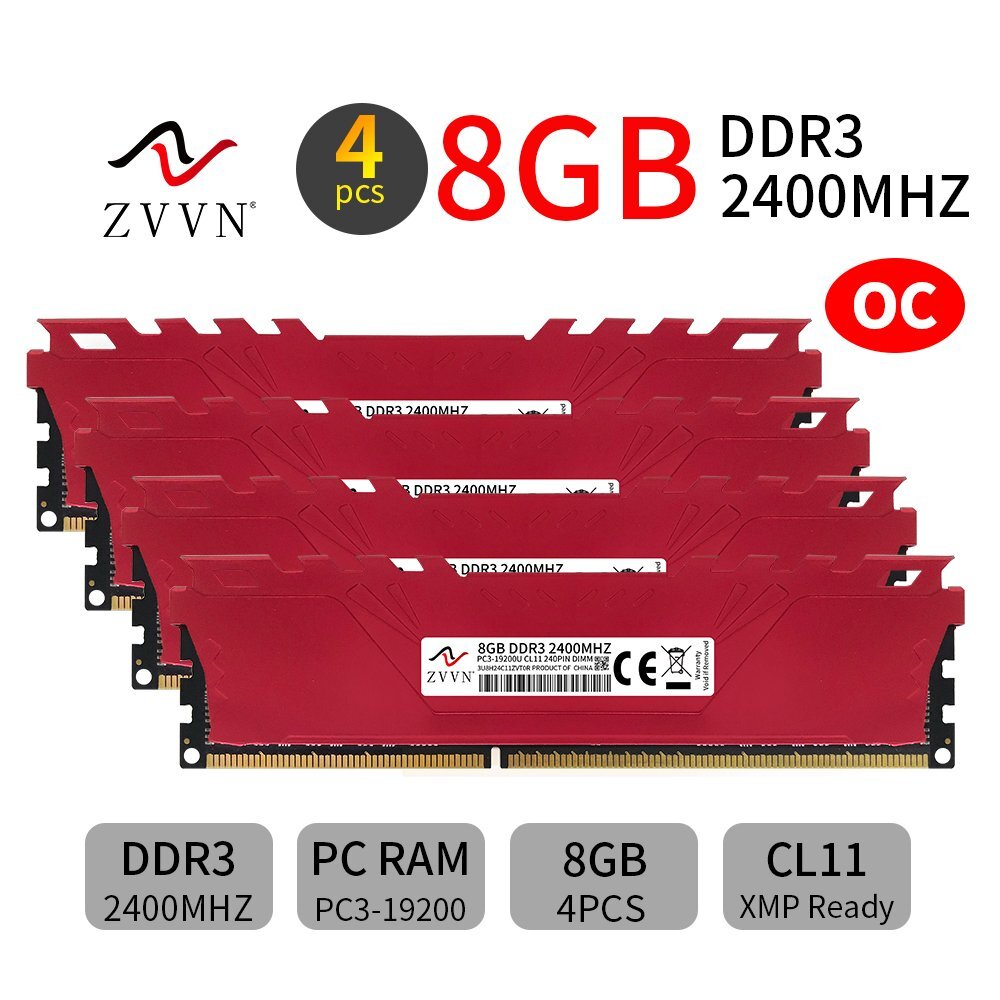 ZVVN 32GB 4x8GB DDR3 OC 2400MHz PC3-19200U 240Pin Overclocking Desktop PC Memory