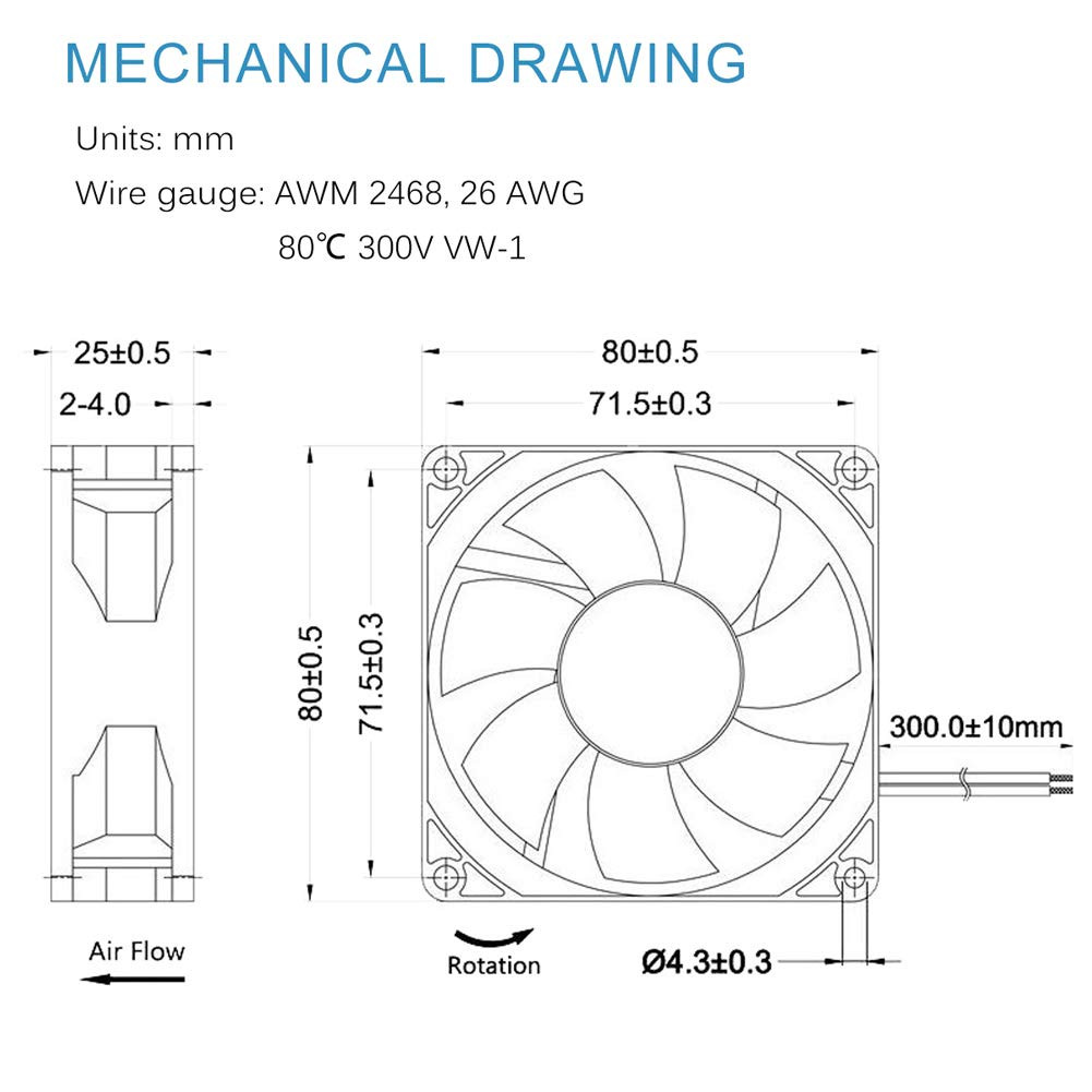 GDSTIME 4500RPM 8Cm 80Mm X 80Mm X 25Mm 12V Big Airflow High Speed Dual Ball Bear