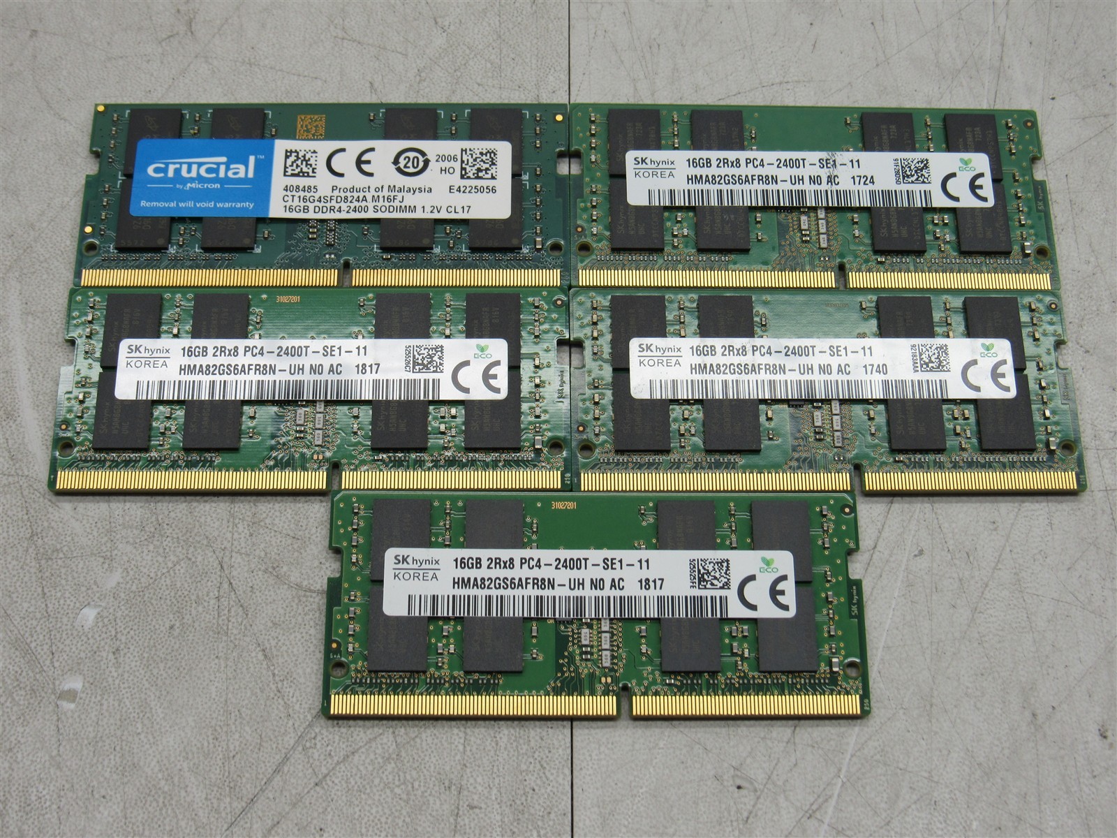 80 GB KIT – 5x Mixed Brands 16GB 2Rx8 PC4-2400T DDR4 SODIMM Laptop Memory RAM