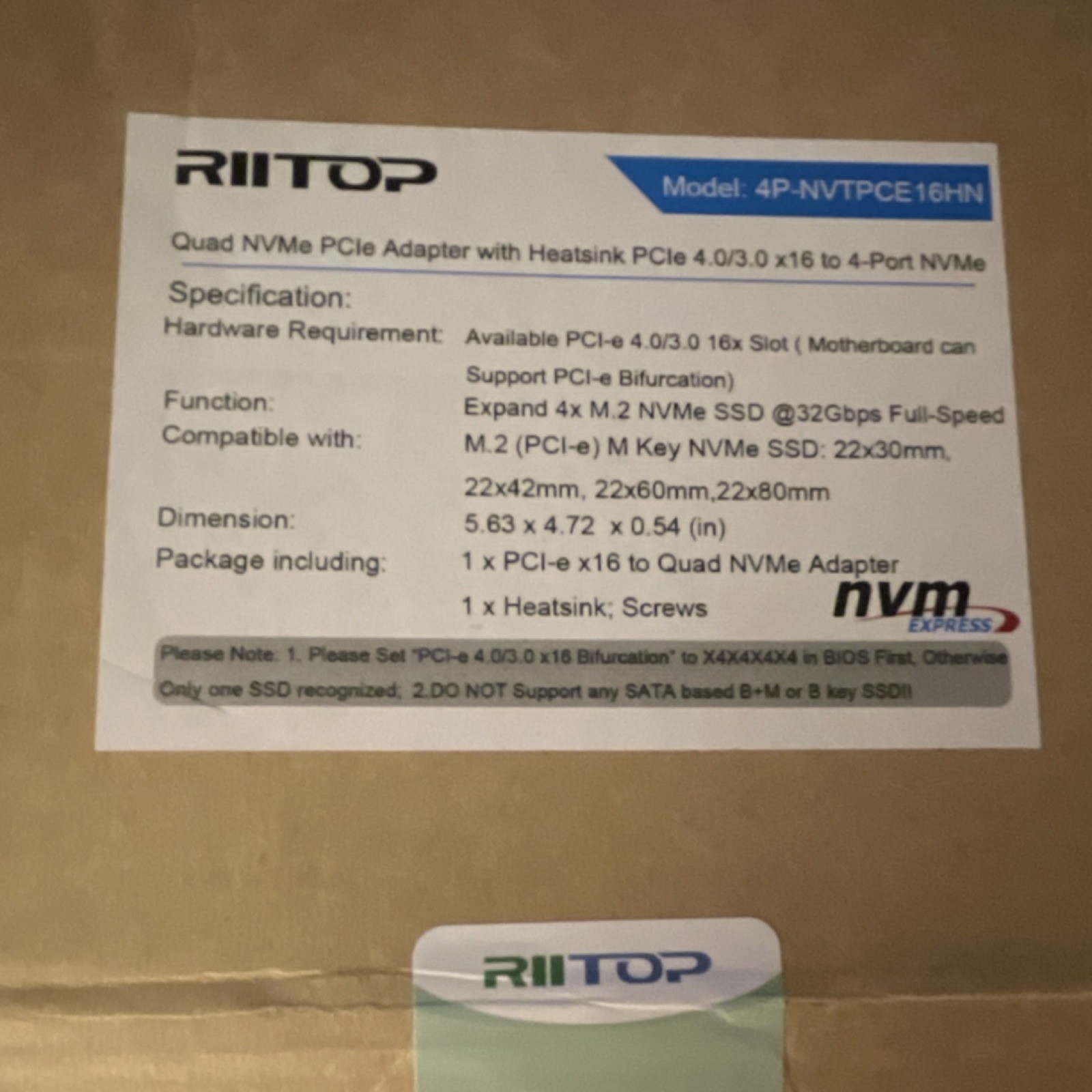 RIITOP 4P-NVTPCIE16HN Quad NVMe PCIe Adapter 4-Port PCIe x16 Heatsink 32Gbps