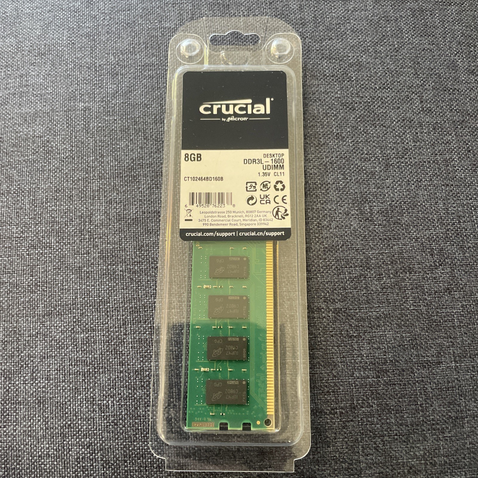 Crucial 8GB DDR3L-1600 UDIMM desktop memory module part number CT102464BD160B.