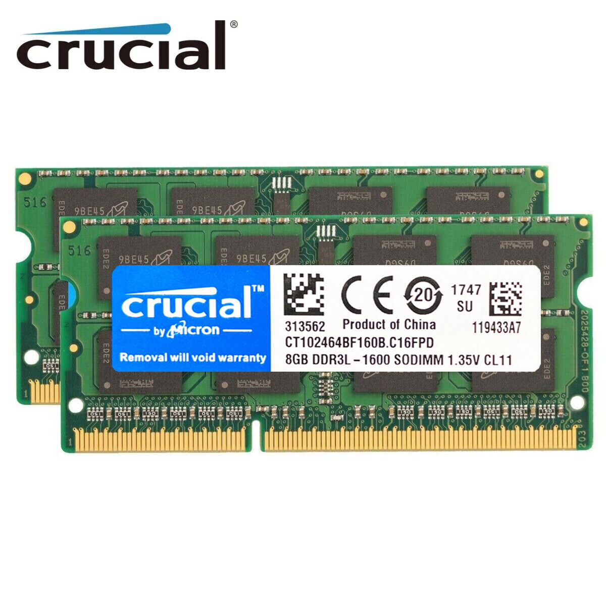 Crucial DDR3L 16GB 2x8GB 1600 MHZ PC3L-12800 Laptop RAM Sodimm Memory 1.35V