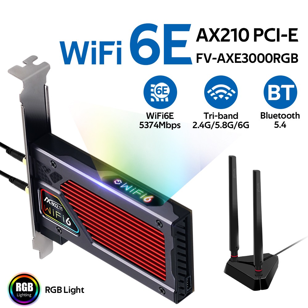WiFi 6E PCIe Adapter AX210 WiFi Card Bluetooth 5.4 5400Mbps RGB Light Tri-band