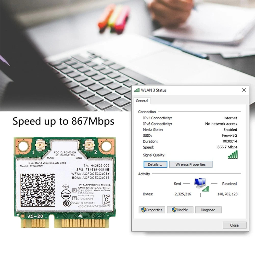 Intel 7260HMW Dual-Band Wireless-AC Card, 802.11ac WiFi + Bluetooth 4.0 for PC