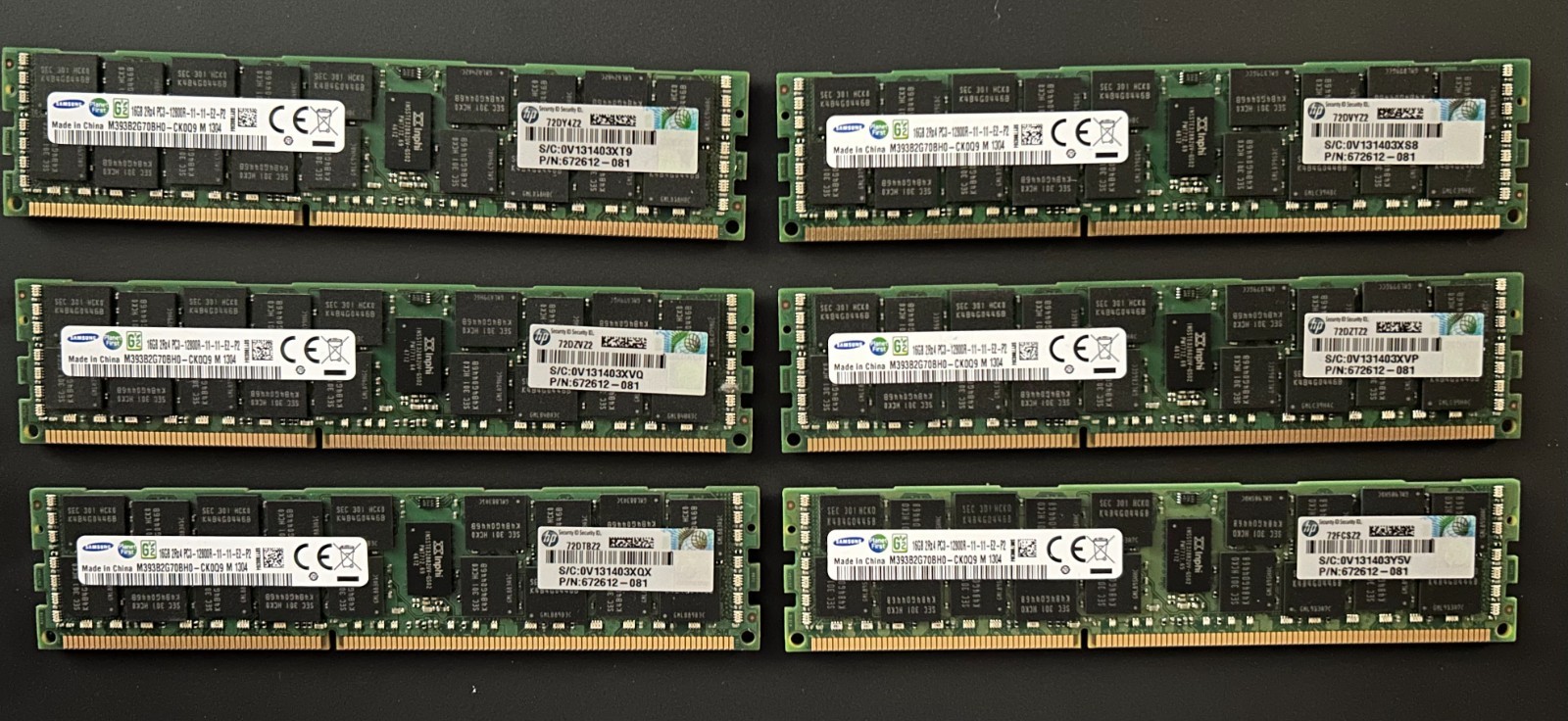 LOT (6) HP 672612-081 16GB PC3-12800R Reg 2Rx4 ECC DDR3 Server Memory Dual Rank