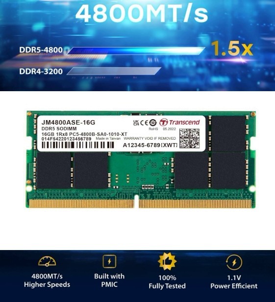 RAM DDR5 16GB Laptop Memory 4800MHz Transcend 1Rx8 Unbuffered SO-DIMM 1.1V CL40