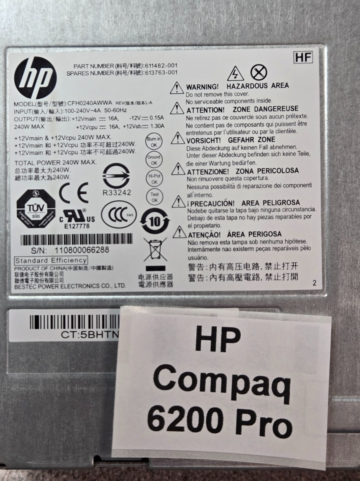 HP Compaq Model 240W Power Supply for 8200, 6200 Pro, 611481-001, PS-4241-9HB