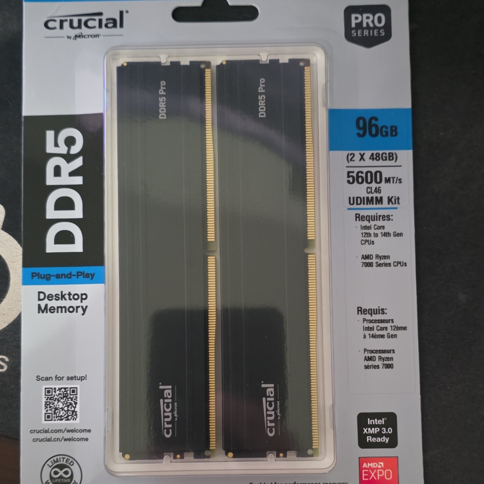Crucial DDR5 Pro 96GB (2x48GB) DDR5-5600 UDIMM RAM Kit CP2K48G56C46U5