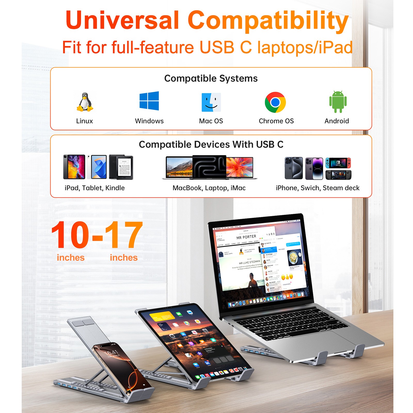 5-IN-1 USB-C Laptop Computer Folding Stand HUB Converter Adapter Plug & Play