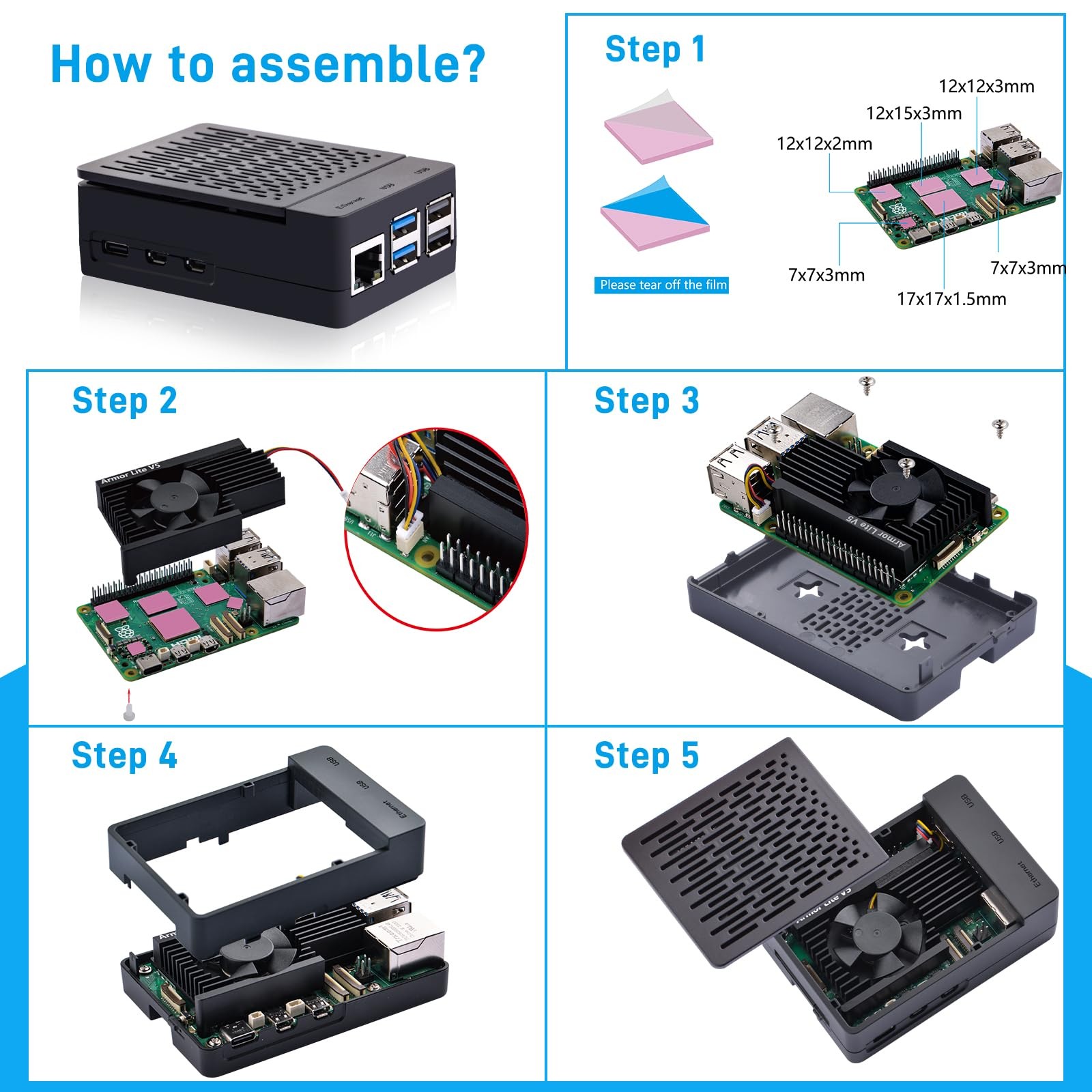 Raspberry Pi 5 Case with Heatsink & Fan – Active Cooling, Black
