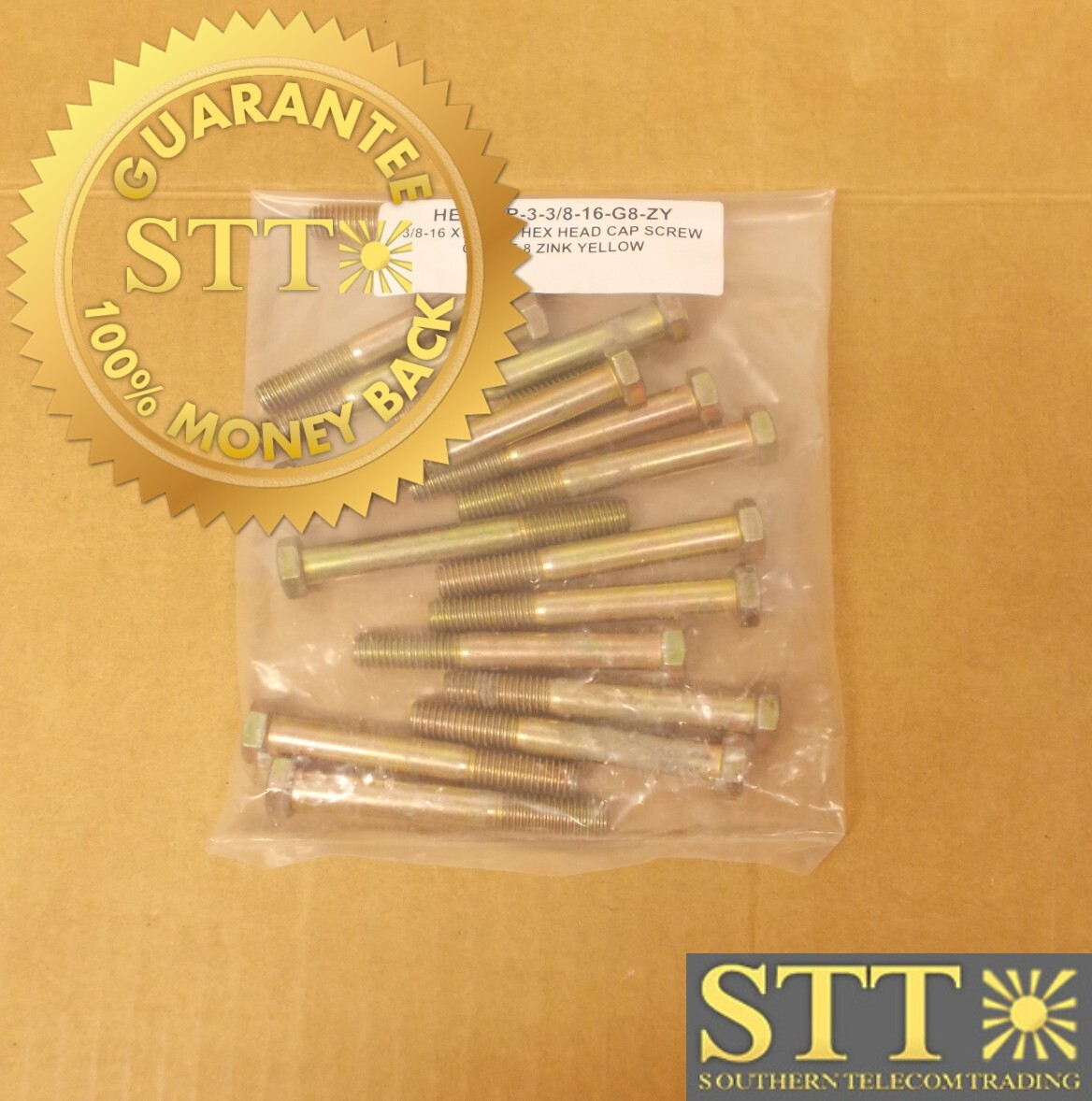 3/8-16 X 3 INCH HEX HEAD CAP BOLT GRADE 8 ZINC YELLOW( LOT OF 16 ) NEW
