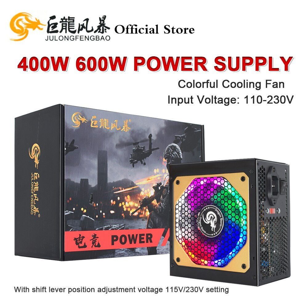 ATX 400W 600W RGB Colorful PSU 110/230V 24Pin 12V Desktop Computer Power Supply