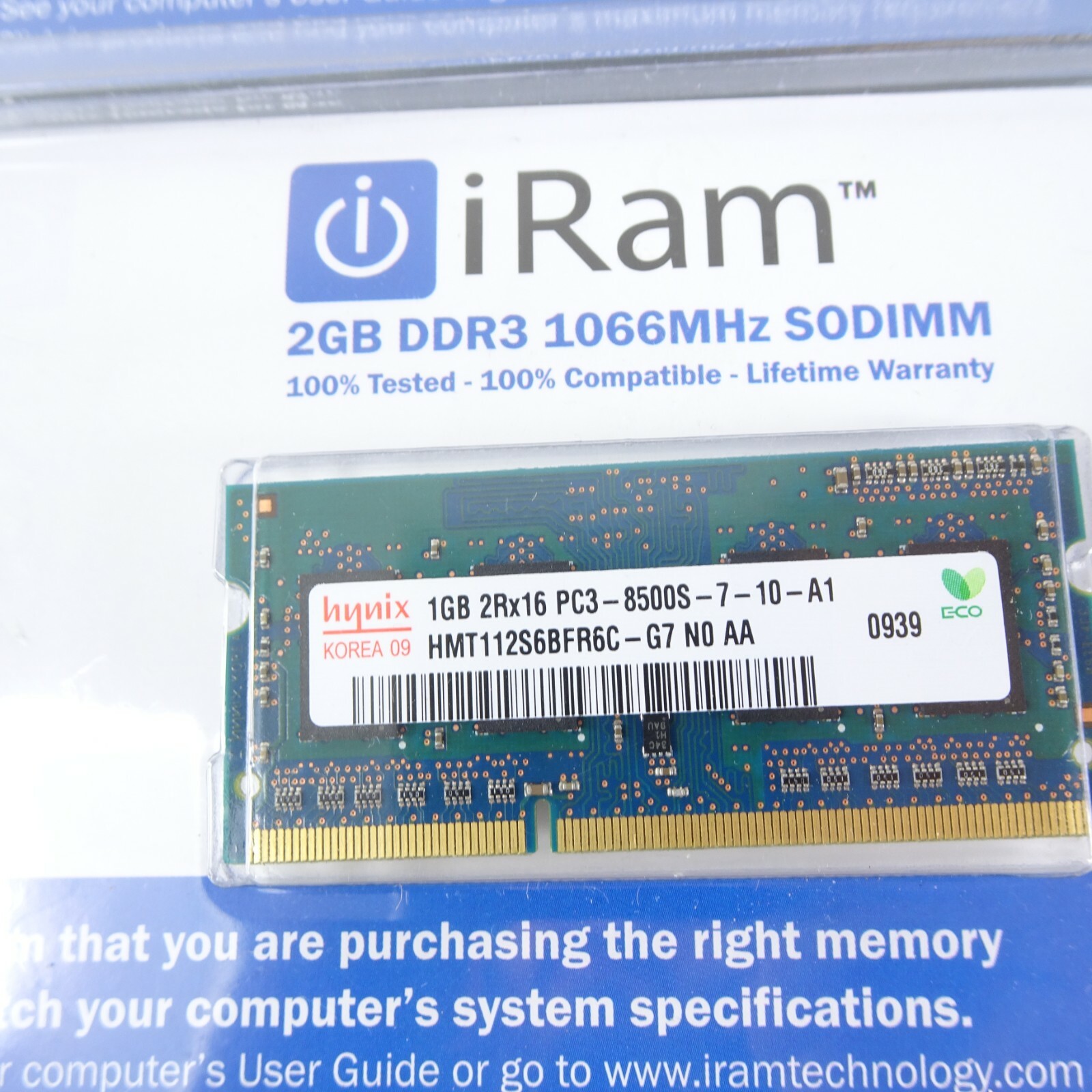 Pair Hynix Korea 1GB 2Rx16 PC3 8500S-7-10-A1 DDR3 SDRAM HMT112S6BFR6C-G7
