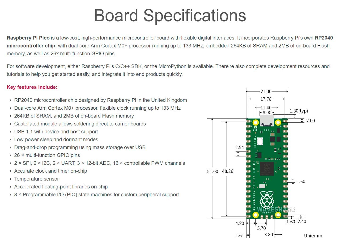 Raspberry Pi Pico Microcontroller Development Board RP2040 Chip PreSolder