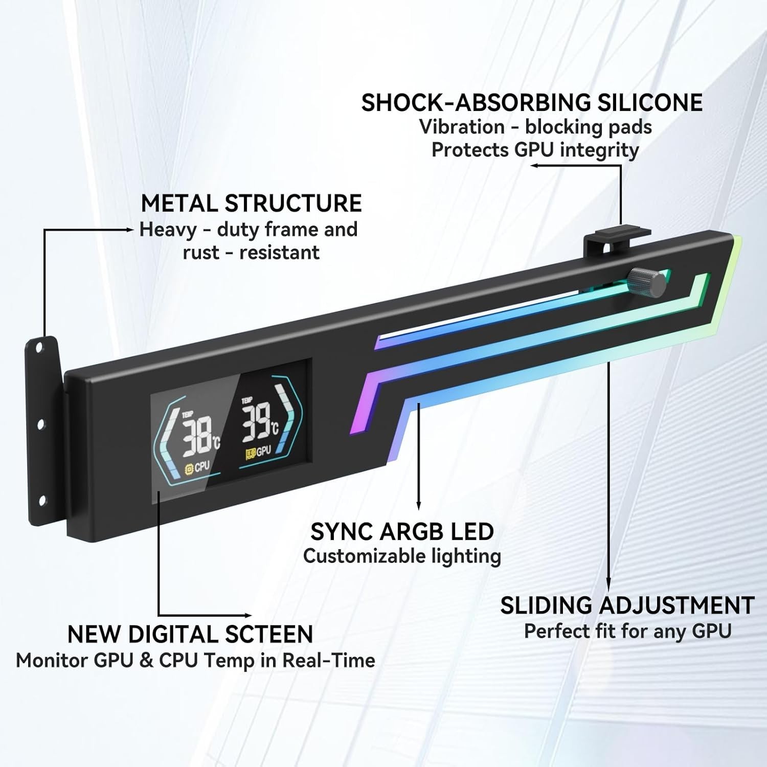 ARGB GPU Support Bracket with CPU & GPU Temp Display, Universal Graphics Card Su