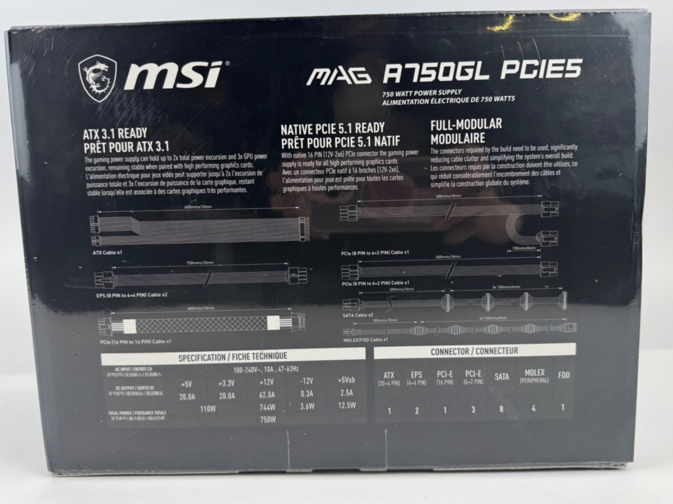 MSI MAG A750GL PCIE5, Fully Modular Compact Gaming 750W Power Supply, 80+ Gold,