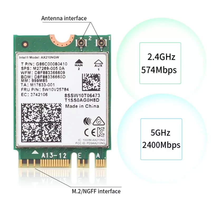 WiFi 6E Wireless Card Intel AX210 Tri-Band 5374Mbps Network Adapter Bluetooth5.3