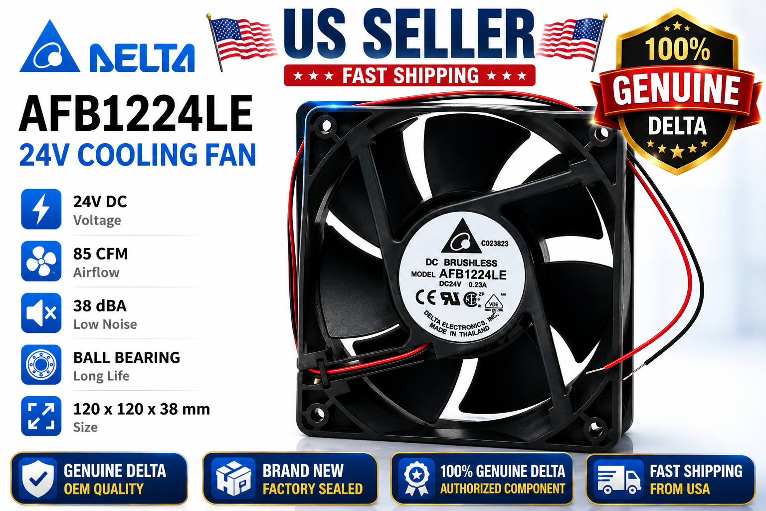 Delta AFB1224LE 24V 120x120x38mm Ball Bearing Cooling Fan 120mm 85CFM Low Noise