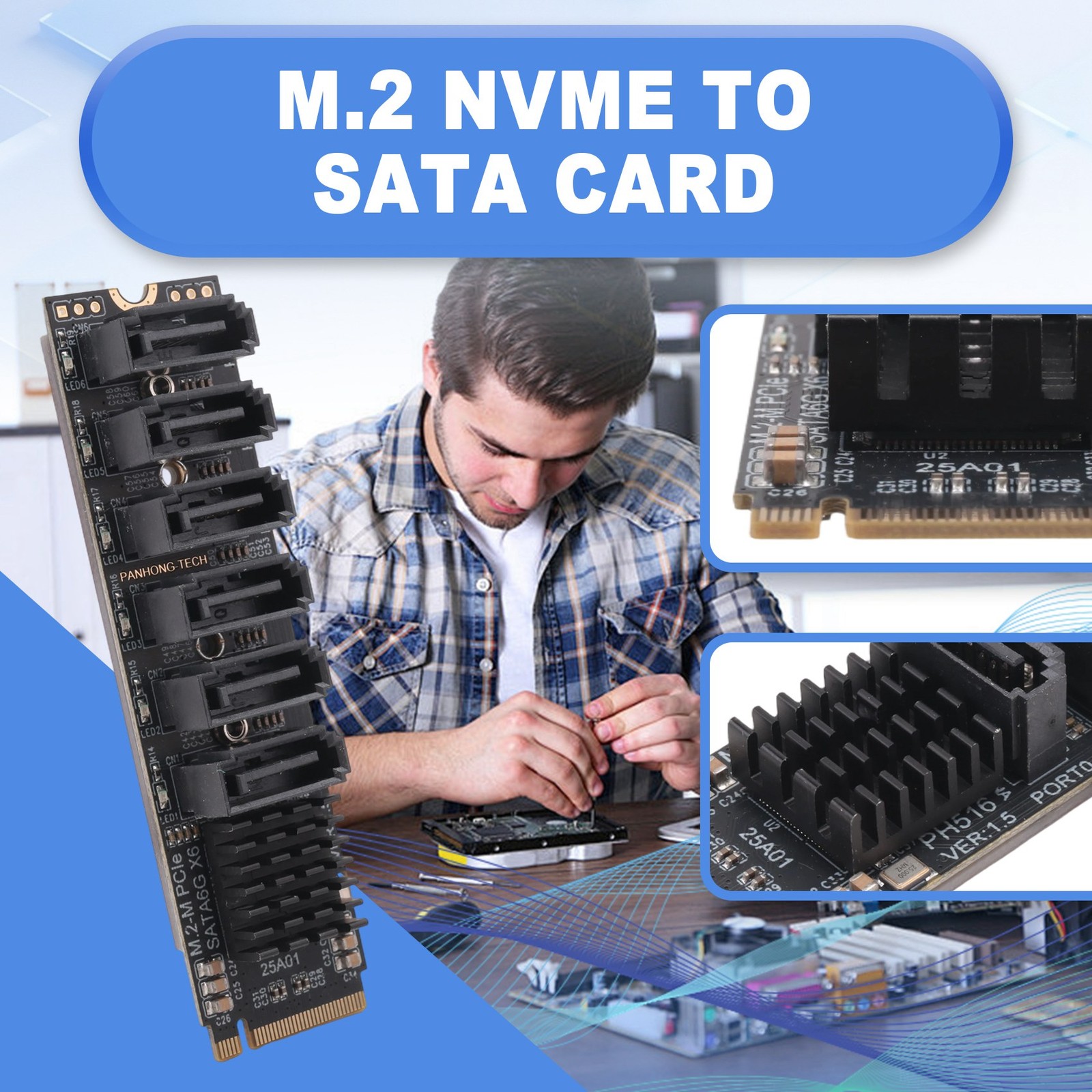 M.2 MKEY PCI-E Riser Card M.2 NVME To SATA3.0 PCIE To 6Gpbsx6-Port7901