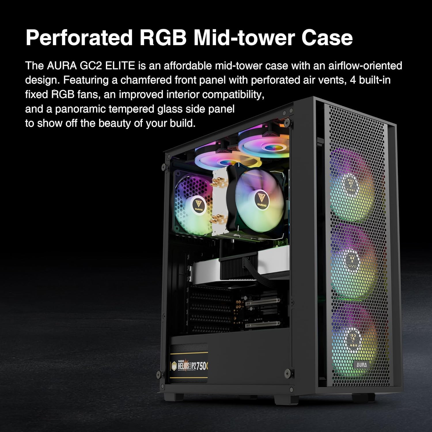 GAMDIAS ATX Mid Tower Computer PC Case with Tempered Glass, 4X 120Mm ARGB PWM Fa