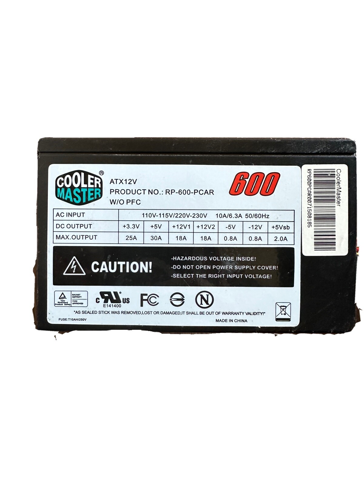 Cooler Master ATX12V # RS-600-PCAR 600Watt, W/O PFC,110V/230V Power Supply